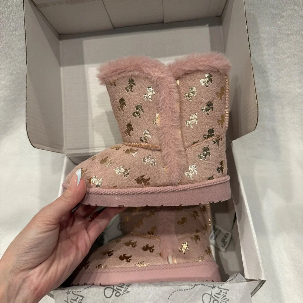 Olivia Miller Girl Pink Gold Unicorn Faux Fur Trim Winter Boots Kids Size 10 NIN